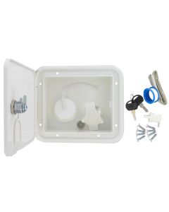 Fresh Water Inlet; Used For RV Fresh Water System; Lockable Gravity Hatch Type; 1/2 Inch Male Pipe Thread/ 1-1/4 Inch Barb Connection/ 1/2 Inch Air Vent; For 5-7/8 Inch Width x 4-3/4 Inch Height Cutout; 7-5/8 Inch Width x 6-1/2 Inch Height Overall Dimensi