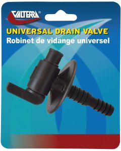 Fresh Water Tank Drain Valve; Dual Hose Size To Fit 1/2 Inch or 3/4 Inch; With 3/8 Inch and 1/2 Inch Barb; With Evacuation Flange; Black Plastic; Single; With Retail Package
