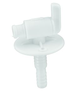 Fresh Water Tank Drain Valve; Dual Hose Size To Fit 1/2 Inch or 3/4 Inch; With 3/8 Inch and 1/2 Inch Barb; With Evacuation Flange; Whtie Plastic; Single; With Retail Package
