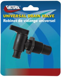Fresh Water Tank Drain Valve; Dual Hose Size To Fit 1/2 Inch or 3/4 Inch; With 3/8 Inch and 1/2 Inch Male NPT Thread; With Evacuation Flange; Black Plastic; Single; With Retail Package
