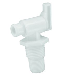 Fresh Water Tank Drain Valve; Dual Hose Size To Fit 1/2 Inch or 3/4 Inch; With 3/8 Inch and 1/2 Inch Male NPT Thread; With Evacuation Flange; White Plastic; Single; With Retail Package
