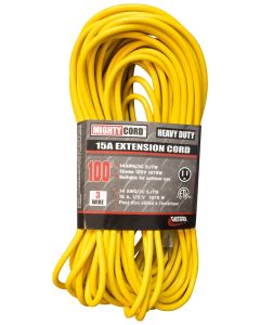 Extension Cord; Mighty Cord ™; 125 Volt Extension Cord; 3 Prong LED Lighted Ends; Single Outlet; 15 Amp; 14 Gauge; 3 Wire; 100 Foot Length; Yellow; Without Plug Head Handle; UL Approved
