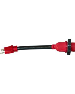 Power Cord Adapter; Mighty Cord ™; For Connecting RV Power Inlet To Standard Power Source; 15 Amp Male To 50 Amp Female; 15 Amp; With Detachable Female End; 12 Inch Dog Bone; With Locking Ring on Female End; Not Waterproof; Without Lighted Ends; Without H