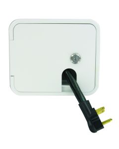 Electrical Cord Hatch; Electrical Hatch; 7.625 Inch x 6.5 Inch x 1.5 Inch; Square; 5.875 Inch x 4.75 Inch Cutout; Accepts Up To 50 Amp Cord; White; Plastic; Lockable; With Frame/ Door/ Locking Door Latch/ Installation Hardware and Tape
