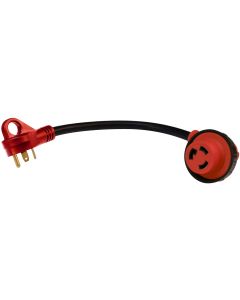 Power Cord Adapter; Mighty Cord ™; For Connecting RV Power Inlet To Standard Power Source; 30 Amp Male To 30 Amp Female; 30 Amp; Detachable; 90 Degree Female Locking Connectors; 12 Inch Length; Not Waterproof; With LED Light; With Finger Grip On Male End;