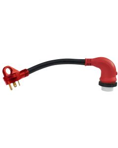 Power Cord Adapter; Mighty Cord ™; For Connecting RV Power Inlet To Standard Power Source; 30 Amp Male To 50 Amp Female; 30 Amp; Detachable; 90 Degree Female Locking Connectors; 12 Inch Length; Not Waterproof; With LED Light; With Finger Grip On Male End;