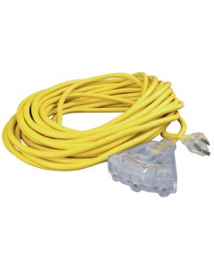 Extension Cord; Mighty Cord ™; 125 Volt Extension Cord; 3 Prong LED Lighted Ends; Triple Outlet; 15 Amp; 14 Gauge; 3 Wire; 50 Foot Length; Yellow; Without Plug Head Handle; UL Approved
