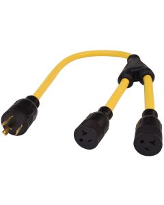 Power Cord Adapter; Mighty Cord ™; Generator Y Adapter; 3 Prong To Two 15-20 Amp Female; 30 Amp; 3 Foot Length; Non Locking; Not Waterproof; Without Lighted Ends; Without Handle
