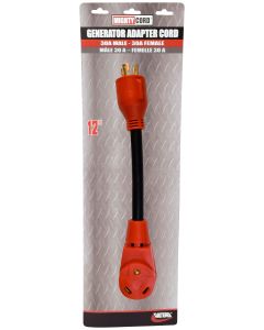 Power Cord Adapter; Mighty Cord ™; For Connecting 30 Amp Generator To 30 Amp RV Power; 3 Prong Male To 30 Amp Female; 30 Amp; 12 Inch Length; Twist Lock; Not Waterproof; Without Lighted Ends; With Retail Package
