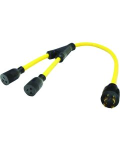 Power Cord Adapter; Mighty Cord ™; Generator Y Adapter; 4 Prong To Two 15-20 Amp Female; 20 Amp; 3 Foot Length; Non Locking; Not Waterproof; Without Lighted Ends; Without Handle
