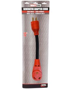 Power Cord Adapter; Mighty Cord ™; For Connecting 30 Amp Generator To 30 Amp RV Power; 4 Prong To Two 30 Amp Female; 30 Amp; 12 Inch Length; Twist Lock; Not Waterproof; Without Lighted Ends; With Retail Package
