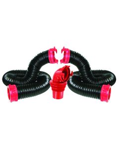 Sewer Hose; Dominator ™; 20 Foot Length; 39 Inch Compressed Length For Each 10 Foot Section; UV Stabilized Poly Construction; Black With Red Fittings; With Two 10 Foot Hoses/ Rotating Fittings/ Universal 90 Degree Sewer Adapter; Boxed
