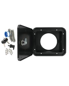 Sewer Hose Storage Carrier; Sewer Hose Hatch; 5-7/8 Inch Width x 4-3/4 Inch Height Cutout Dimension/ 7-5/8 Inch Width x 6-1/2 Inch Height Outside Dimension; Attaches To Drain Pipe; Black; Lockable; With Installation Tape And Hardware; With Retail Package
