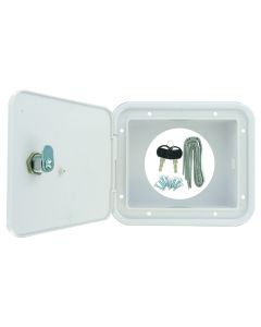 Sewer Hose Storage Carrier; Sewer Hose Hatch; 5-7/8 Inch Width x 4-3/4 Inch Height Cutout Dimension/ 7-5/8 Inch Width x 6-1/2 Inch Height Outside Dimension; Attaches To Drain Pipe; White; Lockable; With Installation Tape And Hardware; With Retail Package
