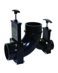 Sewer Waste Valve; Waste Valve For RV Black Water System; Double Valve; Handle Actuated; Ell Double Rotating Valve; 3 Inch Waste Valve; With 3 Inch Spigot x 1-1/2 Inch Hub x 3 Inch Spigot Outlet; With Plastic Handles; Without Cap; Without Coupler