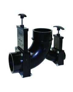 Sewer Waste Valve; Waste Valve For RV Black Water System; Double Valve; Handle Actuated; Ell Double Rotating Valve; 3 Inch Waste Valve; With 3 Inch Spigot x 1-1/2 Inch Spigot x 3 Inch Spigot Outlet; With Plastic Handles; Without Cap; Without Coupler