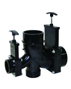 Sewer Waste Valve; Waste Valve For RV Black Water System; Double Valve; Handle Actuated; Ell Double Rotating Valve; 3 Inch Waste Valve; With 3 Inch Hub x 1-1/2 Inch Hub x 2 Inch Hub x 3 Inch Spigot Outlet; With Plastic Handles; Without Cap; Without Couple