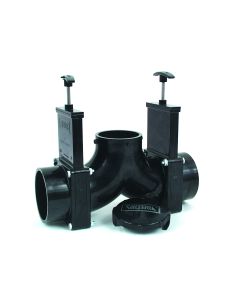 Sewer Waste Valve; Waste Valve For RV Black Water System; Double Valve; Handle Actuated; Ell Double Rotating Valve; 3 Inch Waste Valve; With 3 Inch Hub x 3 Inch Hub x 3 Inch Bayonet Cap; With Plastic Handles; With Cap and Strap; Without Coupler
