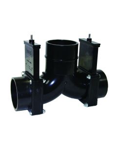 Sewer Waste Valve; Waste Valve For RV Black Water System; Double Valve; Handle Actuated; Ell Double Rotating Valve; 3 Inch Waste Valve; With 3 Inch Hub x 3 Inch Hub x 3 Inch Hub Outlet; Without Handles; Without Cap; Without Coupler
