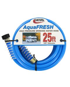 Fresh Water Hose; Aqua Fresh; Not Heated; 5/8 Inch Internal Diameter; 25 Foot Length; Suitable For Drinking Water; BPA/ Phthalate And Lead Free; Blue; With Hose Gripper and Pre-Installed Hose Saver On Both Ends
