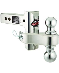 Trailer Hitch Ball Mount; Razor ™ RP; For 2 Inch Receiver; 10000 Pound Gross Trailer Weight/ 1500 Pound Tongue Weight; 4 Inch Drop Or Rise Adjusts In 1 Inch Increments; Non-Swivel; Dual Hitch Ball - 2 Inch And 2-5/16 Inch; Polished Aluminum; With Receiver