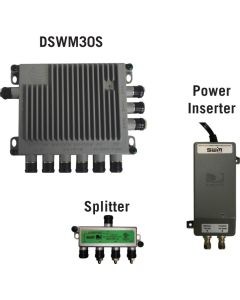 Switch, power inserter, 4-way splitter, and mounting hardware.