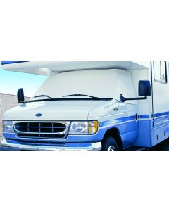 Windshield Cover; For 1996 To 2023 Ford E350 And E450 Motorhomes; Protects Dashboard From Fading And Cracking Against Sun; Mounts Using Magnetic Fasteners And Anti-Theft Tabs; White; Vinyl; With Storage Pouch; With Mirror Cut-Outs
