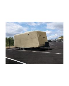 RV Cover; For Travel Trailers; Fits 31 Foot 7 Inch To 34 Foot Length Coach; 411 Inch Length x 104 Inch Width x 102 Inch Height; Breathable/ Water Resistant/ UV Protection; Tan; Fabric Top/4 Layer Polypropylene Sides; With Storage Bag; With Rain Gutter Spo