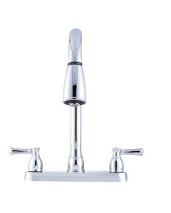 Faucet; Used For Kitchen; Single Piece 8 Inch Deck Mount; 15 Inch Pull Down Spout; 2 Teapot Designer Handle; Chrome Plated/ Plastic; 2 Hole Application; 3/8 Inch-19 NPS Hose Connection; Washerless Cartridge Valve
