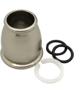 Faucet Spout Nut; Replacement For Dura Faucet Part Number DF-PK210 Hi-Rise/ DF-PK330 J-Spout Faucets; Bell Style; Brushed Satin Nickel Plated; With 2 Rubber O-Rings And Plastic C-Ring
