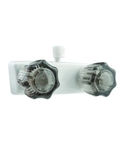 Shower Control Valve; 2 Valve; Single Piece Wall Mount; 1/4 Turn Washerless Valve; 4 Inch Center Distance; 2 Hole Application; Smoked Crystal Acrylic Knob Handle; Bisque Parchment; Plastic; With Vacuum Breaker Hose Connection
