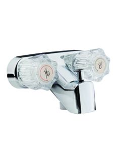 Faucet; Used For Bathtub; Single Piece 4 Inch Wall Mount With Pull-Up Tub/ Shower Diverter; 2 Clear Crystal Acrylic Knob Handle; Chrome Plated/ Plastic; 2 Hole Application; 1/4 Turn Washerless Cartridge Valve
