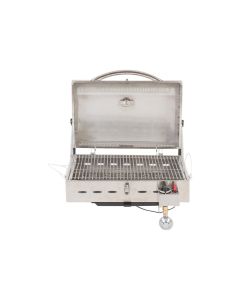Barbeque Grill; Propane; 12000 BTU; Uses LP Supply Hose Or Disposable Canister; Rectangular; Bottom Grill 20.35 Inch x 12.2 Inch/ Top Grill 14.17 Inch x 4.57 Inch; Stainless Steel; With Stainless Steel Grilling Surfaces/ Drip Trays/ Locking Top/ Thermomet
