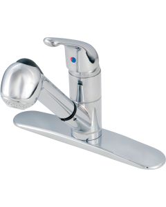 Faucet; Used For Kitchen; Single Piece 8 Inch Deck Mount; Pull-Out Spout; Single Lever Handle; Chrome Plated; 1/2 Inch NPT; 1 Hole Application; With Pull-Out Spray And 60 Inch Reinforced Hose
