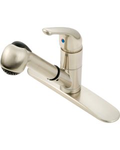 Faucet; Used For Kitchen; Single Piece 8 Inch Deck Mount; Pull-Out Spout; Single Lever Handle; Brushed Nickel Plated; 1/2 Inch NPT; 1 Hole Application; With Pull-Out Spray/ Deck Plate/ 60 Inch Reinforced Hose

