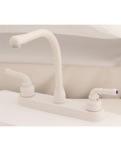 Faucet; Ultra Line; Used For Kitchen; Single Piece 8 Inch Deck-Mount; High-Rise Spout; 2 Teapot Handle; White/ Plastic
