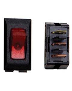 Interior Light Switch; Diamond Group; 110 Volt; 6 Amp; Rocker; Single Pole Single Throw; 1.125 Inch x 0.55 Inch Cutout Size; 1.23 Inch x 0.68 Inch Overall Size; Light Illuminated; Red; Black Panel; 1 Per Card
