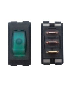Interior Light Switch; Diamond Group; 6 Amp At 125 Volt AC/ 3/4 HP/ UL/ CSA/ VDE; Rocker; Single Pole Single Throw; 1.125 Inch x 0.55 Inch Cutout Size; 1.23 Inch x 0.68 Inch Overall Size; Light Illuminated; Green; Black Panel; 1 Per Card

