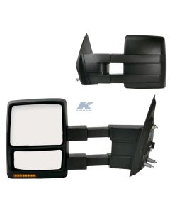 Exterior Towing Mirror; OEM Replacement; 8 Inch x 6-1/4 Inch With 7-1/2 Inch Spot Mirror; 22-1/2 Inch Extension; Electric; With Turn Signal; With Heated Mirrors; Folding; Black; Pair
