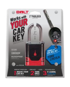 Padlock; Key Type - Uses Automotive Key; 5/16 Inch Diameter Shackle; 2 Inch Height x 0.95 Inch Width Shackle Clearance; General Purpose; Chrome Plated; Black And Red; Steel; With Stainless Steel Lock Shutter And Protective Jacket; For Ford/ Lincoln/ Mercu