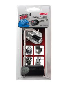 Trailer Coupler Lock; Pin Type; Fits Couplers From 1/2 Inch To 3-3/8 Inch Size; Black/ Silver; Stainless Steel Pin; Single; Opens With Vehicle Ignition Key; Side Cut

(CLAMSHELL) 15-C F150/16-C F250/F350/F450/13-C TRANSIT/CONNECT W/SIDE CUT KEY COUPLER PI