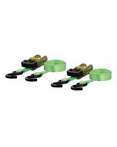 Tie Down Strap; Cargo Tie Down; 16 Foot Length x 1 Inch Width; 1100 Pound Load Capacity; 3300 Pound Break Strength; With Ratchet And S Hook; Lime Green; Set Of 2
