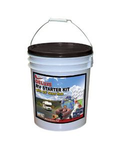 RV Start Up Kit; Deluxe Bucket Kit For Motorhomes; With 2 Rolls Toilet Paper/ 25 Foot Drinking Water Hose/ 30 Amp to 15 Amp Electrical Adapter/ Lead-Free Water Regulator/ 4 Toilet Treatments/ 20 Foot Drain Hose With Straight Hose Adapter/ Bag Of RV Dump G