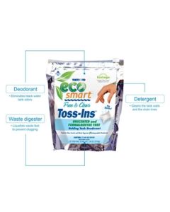 Waste Holding Tank Treatment; Eco-Smart ™; Biological Treatment Used To Break Down And Liquefy Waste And Tissue To Prevent Messy Clogs; Without Formaldehyde; Without Deodorant; Without Lubricant; 1.5 Ounce Toss-Ins ™ Individual Dose Pouches; Bag Of 12 Tre