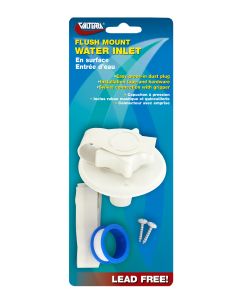 Fresh Water Inlet; Used For RV Fresh Water System; Flush Mount; 1/2 Inch Male Pipe Thread Inside Connection; 2-3/4 Inch Flange; 2-3/4 Inch Overall Diameter; With Check Valve; White; Plastic; With Check Valve/ Garden Hose Swivel Fitting With Gripper/ Press