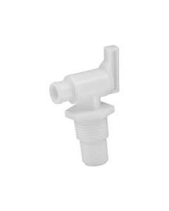 Fresh Water Tank Drain Valve; Dual Hose Size To Fit 1/2 Inch or 3/4 Inch; With 3/8 Inch and 1/2 Inch Male NPT Thread; With Evacuation Flange; Black Plastic; Single; With Retail Package
