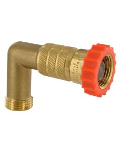 Fresh Water Pressure Regulator; Protects RV Plumbing Against High Pressure; Without Check Valve; Regulates Pressure To 50-55 PSI; With 3/4 Inch GSH Female Swivel Inlet And 1/2 Inch NPSM Male Outlet; Without Gauge; Brass; With 90 Degree Hose Saver; With Po