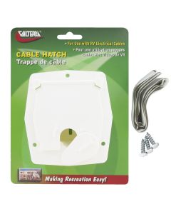 Electrical Cord Hatch; Electrical Hatch; 4.2 Inch x 3.9 Inch x 2 Inch; Square; For 3 Inch Cutout; Accepts Up To 30 Amp Cord; White; Plastic; Not Lockable; With Frame/ Door/ Door Latch/ Installation Hardware and Tape
