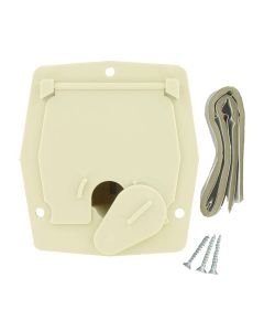 Electrical Cord Hatch; Electrical Hatch; 4.2 Inch x 3.9 Inch x 2 Inch; Square; For 3 Inch Cutout; Accepts Up To 30 Amp Cord; Colonial White; Plastic; Not Lockable; With Frame/ Door/ Door Latch/ Installation Hardware and Tape