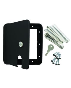 Electrical Cord Hatch; Electrical Hatch; 8.5 Inch x 8 Inch x 1.5 Inch; Square; For 6.4 Inch x 6.8 Inch Cutout; Accepts Up To 50 Amp Cord; Black; Plastic; Lockable; With Frame/ Door/ Locking Door Latch/ Installation Hardware and Tape
